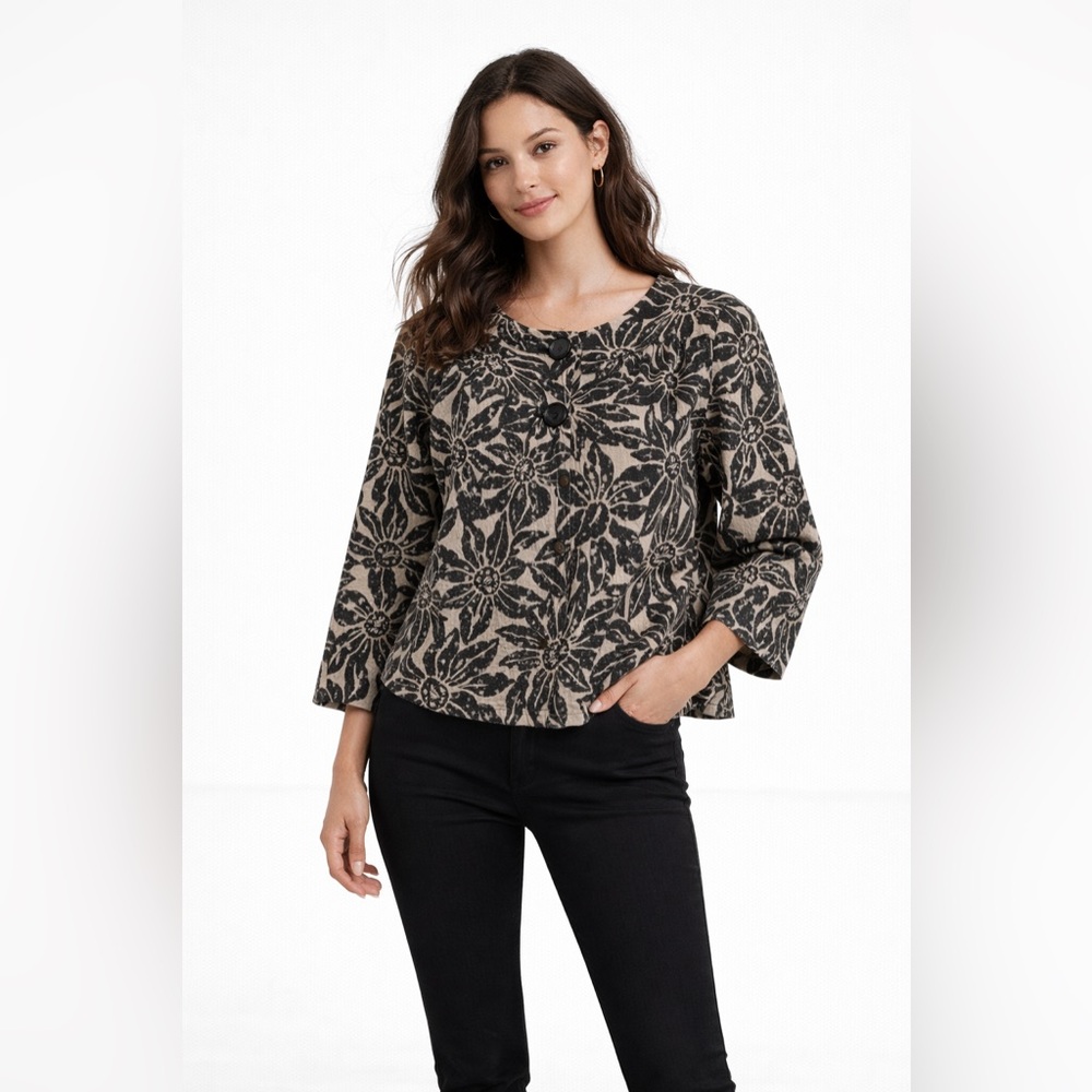 Michael Kors – Floral Linen Swing Jacket – Black Beige Botanical Print – Sz. 3X